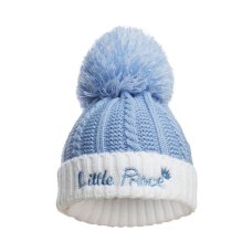 H684-B: Blue Cable Knit Hat w/Emb & Pom Pom (0-12 Months)